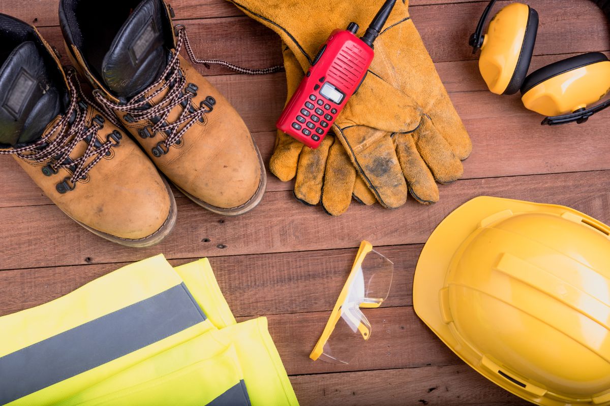 casco, botas, guantes, y chaleco como elementos de seguridad en el trabajo